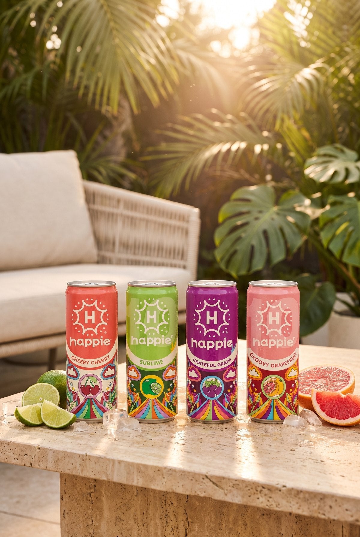 Happie sparkling seltzers — Cheery Cherry, Sublime, Grateful Grape, Groovy Grapefruit
